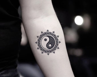 Mandala Yin Yang temporal falso tatuaje pegatina (conjunto de 2)