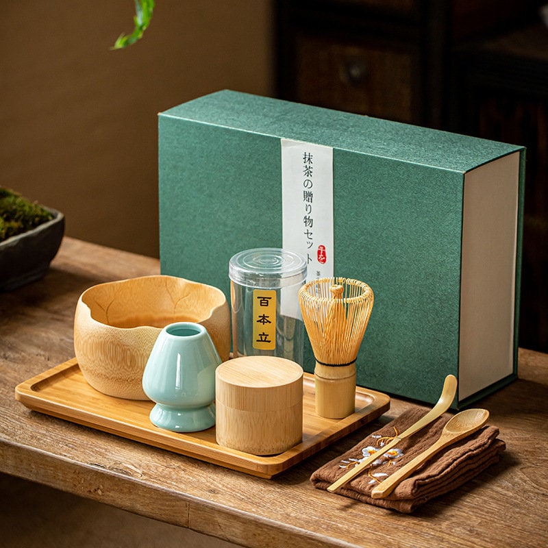 Set da tè Matcha in ceramica con beccuccio, verde, frusta di bambù,  supporto per frusta bianca, paletta, set regalo, set da tè, regali per lei  -  Italia