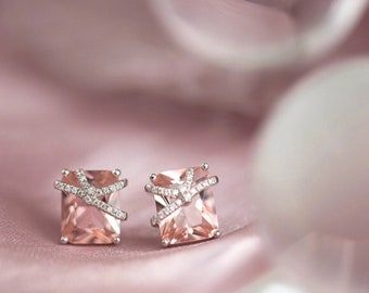 Peach Morganite Stud Earrings, Baguette Morganite Earrings, Dainty Pink Morganite Earrings, Natural Morganite Studs, Bridesmaid Earrings