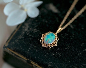 Vintage Opal Pendant Necklace, Lab Created Opal Necklace, Fire Opal Necklace, Vintage FIligree Necklace, Opal Jewelry, Best Gifts for Her