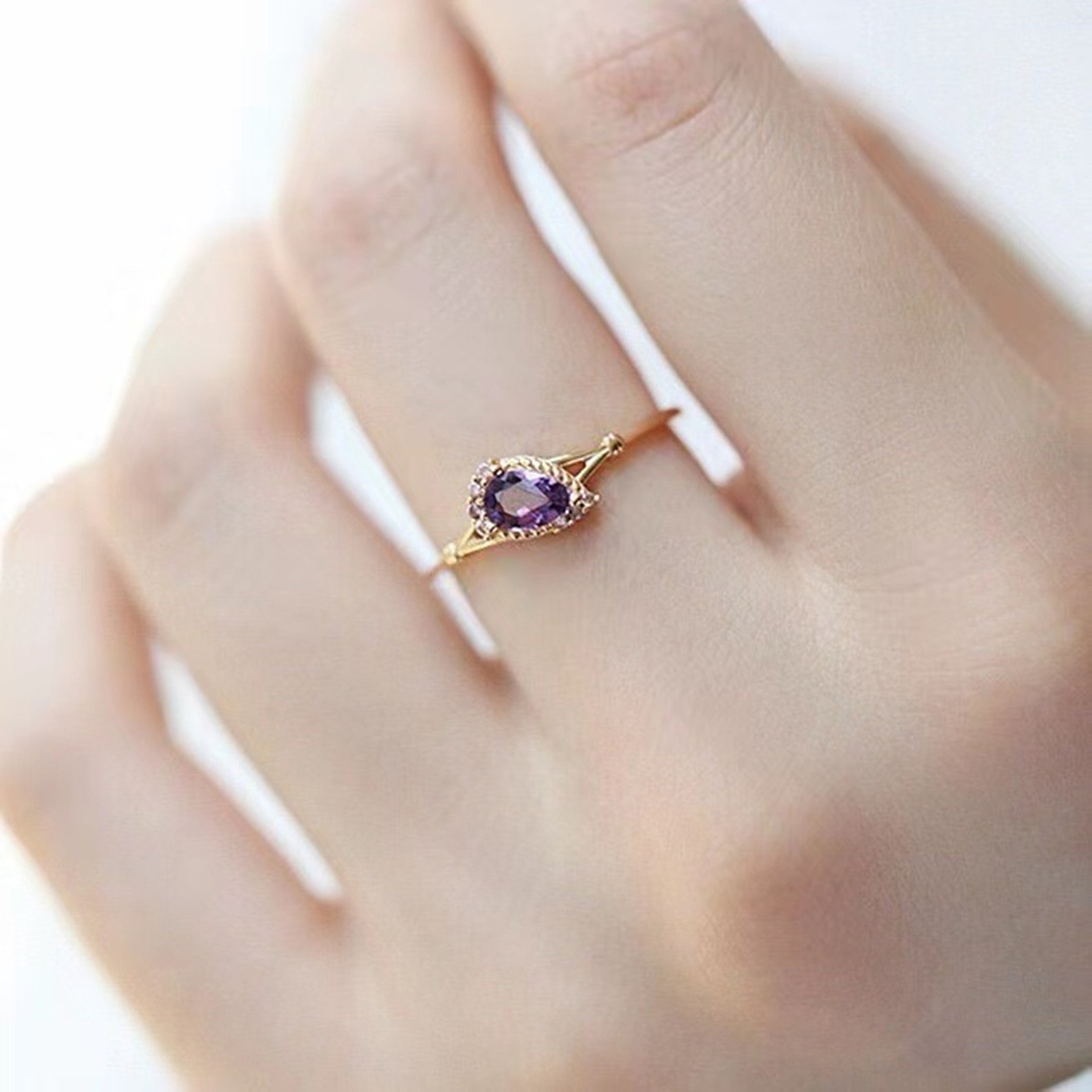 Teardrop Amethyst Promise Ring Natural Amethyst Engagement Etsy