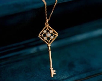 Vintage Schlüssel Anhänger Halskette, Gold Schlüssel Anhänger Halskette, Schlüssel Jugendstil Halskette, Schlüssel lange Halskette, Liebe Schlüssel Anhänger, Geschenke für Sie
