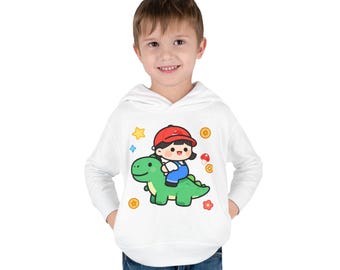 Toddler Hoodie, Boy Riding Dinosaur Cartoon Print, Cozy Fleece Pullover