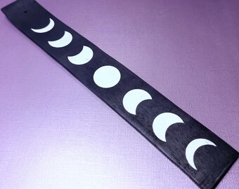 Black Moon Phase Wooden Stick Incense Holder & Ash Catcher