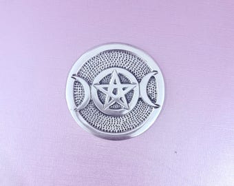 Triple Moon Altar Pentacle Tile Cone Incense Burner Silver Aluminum