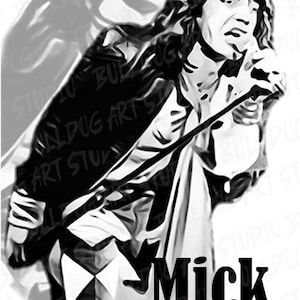 May include: Black and white illustration of a musician singing into a microphone. The musician has long hair and is wearing a jacket. The word "Mick" is written in large, bold letters below the image.