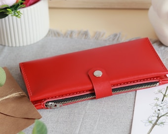 Custom Ladies Wallet, Personalized Red Women Leather Wallet With Zipper, Red Leather Wallet for Women Engraved Wallet Genuine Leather Wallet