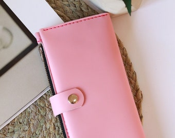 Bifold long wallet, Pink leather clutch women, wristlet wallet, Women Leather Wallet, Clutch long wallet, Custom Ladies Wallet