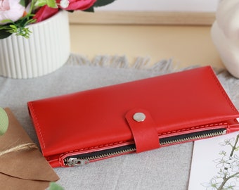 Custom Ladies Long Wallet, Personalized Red Leather Wallet with Zipper, Red Leather Wallet, Engraved Wallet, Cash Envelope Wallet