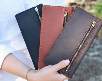 Genuine Leather Long Wallet, Personalized Women Leather Wallet, Engraved Wallet, Wallet for women, Minimalist Card Holder Wallet