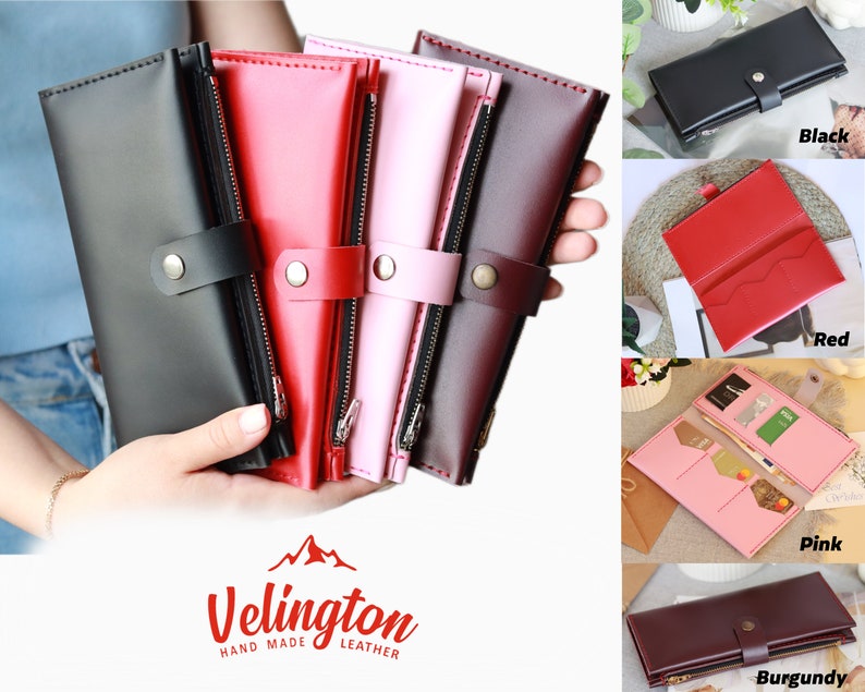 Portefeuille long personnalisé pour dames, portefeuille en cuir rouge personnalisé avec fermeture éclair, portefeuille en cuir rouge, portefeuille gravé, portefeuille enveloppe en espèces image 3