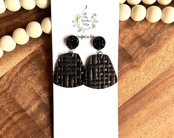 Black Weave Leather Earrings with Faux Druzy Studs, Leather Earrings