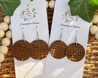 Basket Weave Leather Earrings, Round Embossed Brown Earrings