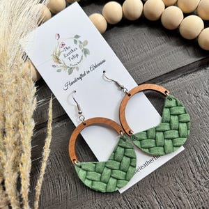 Sage Green Leather Earrings, Leather and Wood Earrings, Arch Earrings, Boho Earrings, Handmade