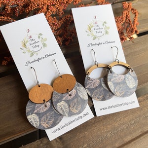 Gray Cork Crescent Earrings, Fall Leaf Pattern, Wood Connector