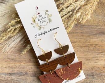 Cork, Wood and Brass Semicircle Stacked Earrings, Leather Earrings, Lightweight Earrings, Geometric Earrings