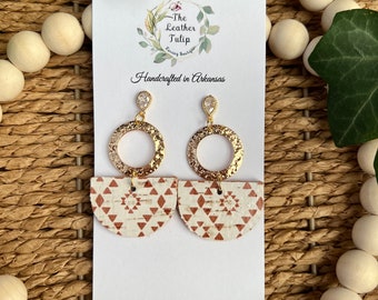 Aztec Cork Leather Earrings, CZ Stud Earrings, Half Circle Stacked Earrings