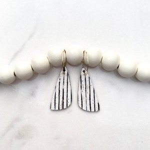 Vintage Striped Cork Leather Bar Earrings with Gold Hoops, Black and White Angled Bar Earrings