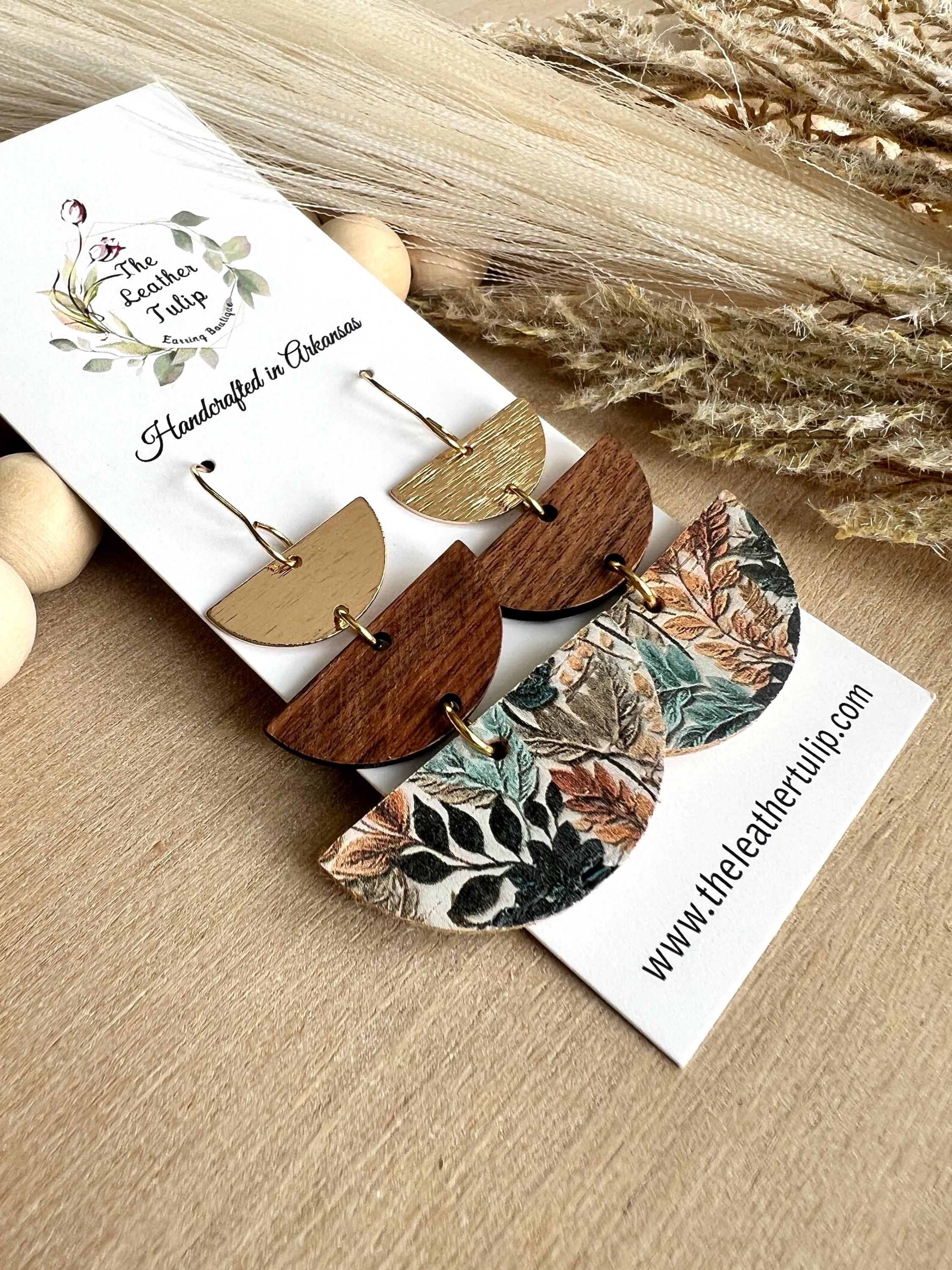 Cork, Wood and Brass Stacked Geometric Earrings, Leather Earrings, Lightweight Earrings