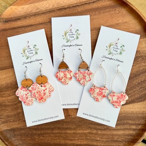 Floral Watercolor Cork Leather Earrings, Pink Scalloped Earrings, Leather Earrings