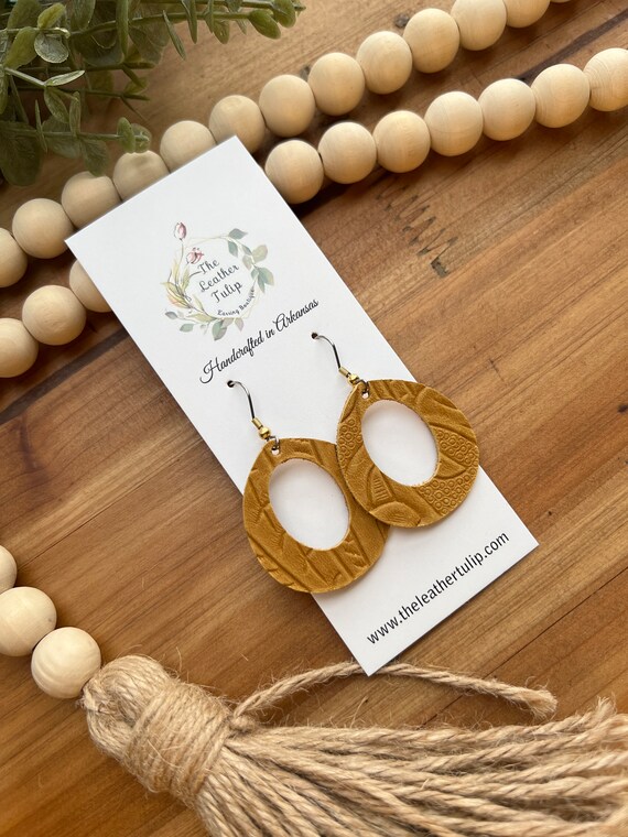 Leather Hoop Earrings, Mustard Earrings, Tooled Leather Earrings