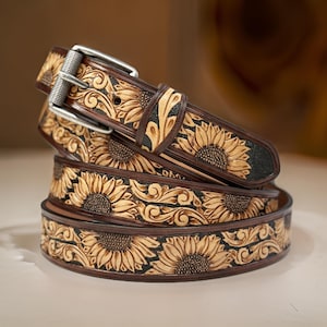 Tooled Western Engraved Leather Belt 100% Genuine Full Grain Cowhide with Snaps 1-1/2&quot; WIDE Leather Snap-On Belt