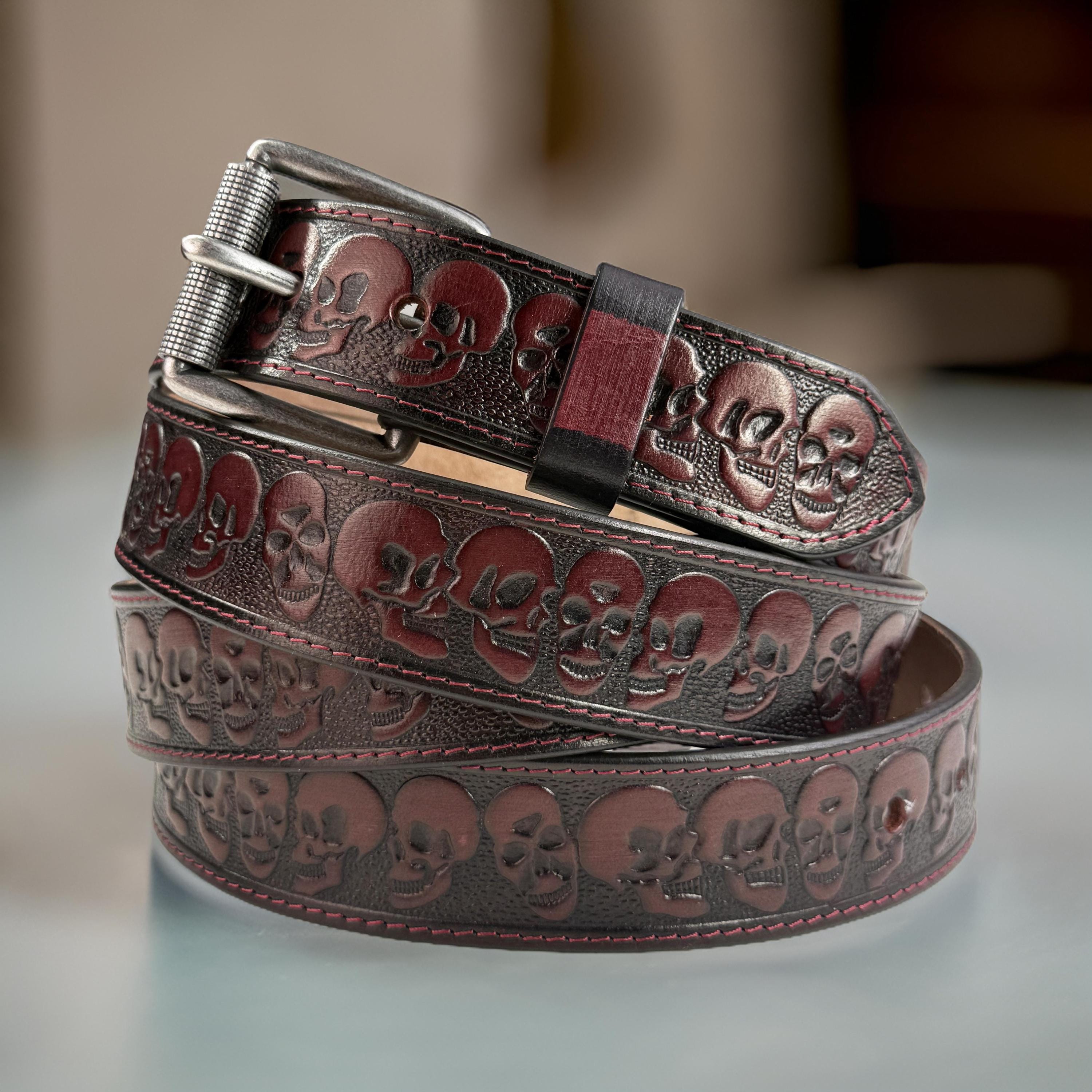Leather Skull Belt, Biker Belt, Skull Tooled Brown Leather  display picture 2