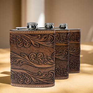 Leather Hip Flask Western Tooled Genuine Leather wrapped flask leather gift for her him anniversary leather gift