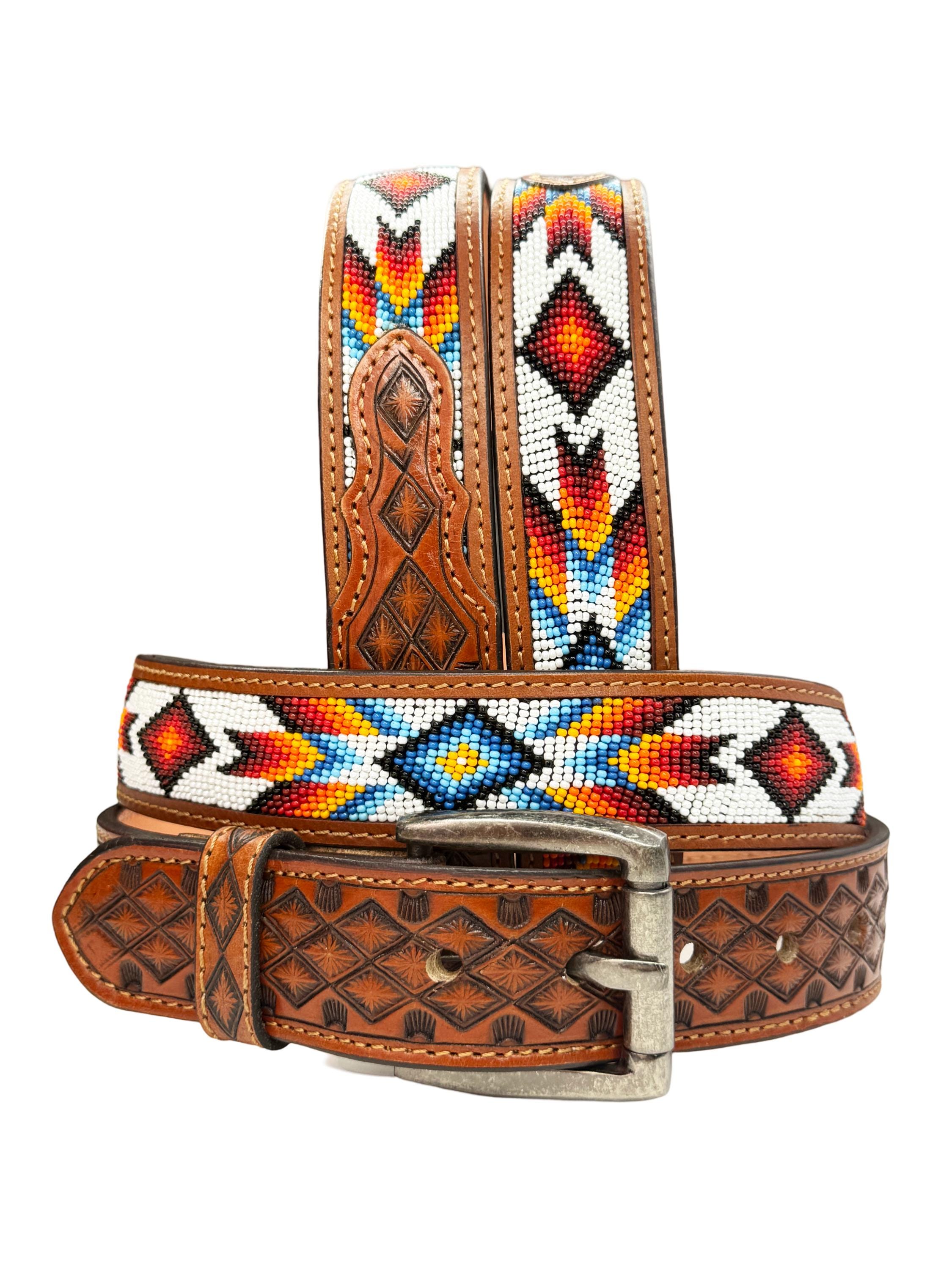 Peyote Bird Double Buckle, Leather Tooled, Beaded Belt -Small Bird Design Belt - Etsy main image 3