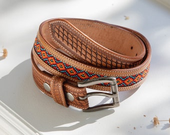 Beaded Genuine Leather Western Men Belt Hand Made Embossed Removable Buckle Belt, Engraved Men's Belt Anniversary Christmas Gift for Him