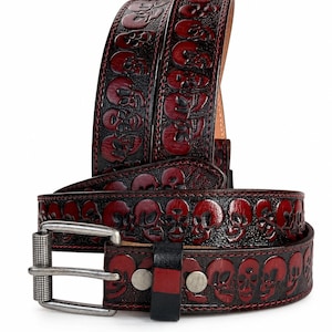 Leather Skull Belt, Biker belt, Skull Tooled Brown Leather belt, Custom Skull Leather Belt, Rocker Style Belt, belt with skulls Gift for Dad