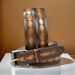 Tooled Western Floral Engraved Leather Belt 100% Genuine Full Grain Cowhide with Snaps 1-1/2&quot; WIDE Leather Snap-On Belt