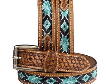 sz 32 Vintage 1960\'s Thunderbird Western Cowgirl Leather Belt Glass Beaded 60s Vintage Beaded Leather Belt Thunderbird Western Souvenir  main image 2