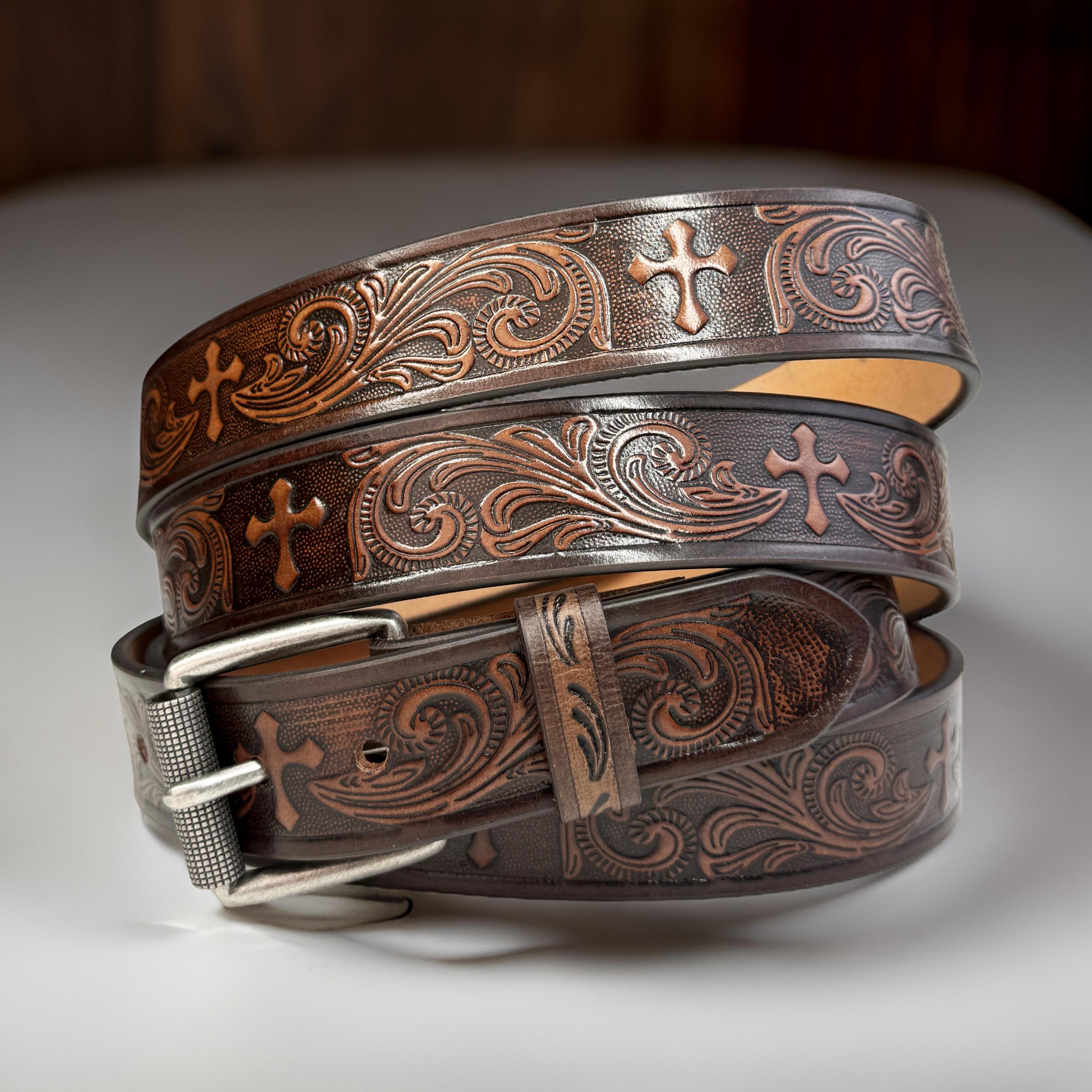 Genuine Leather Western Belt with Cross Buckle, Small Size