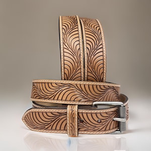 Tooled Western Engraved Leather Belt 100% Genuine Full Grain Cowhide with Snaps 1-1/2&quot; WIDE Leather Snap-On Belt