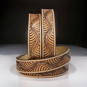 Tooled Western Floral Engraved Leather Belt 100% Genuine Full Grain Cowhide with Snaps 1-1/2&quot; WIDE Leather Snap-On Belt