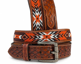 Men's Western Full Grain Genuine Leather Belt Embossed Rodeo Belt with Cowboy Buckle Handmade Belt Strap 1 1/2" Snap-On Belt With Buckle