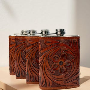 Leather Hip Flask Western Tooled Genuine Leather wrapped flask leather gift for her him anniversary leather gift