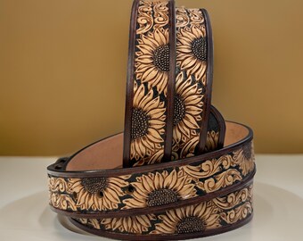 Handmade floral tooled boho belt Embossed Sunflower Leather Belt: Western Boho Style With  main image 4
