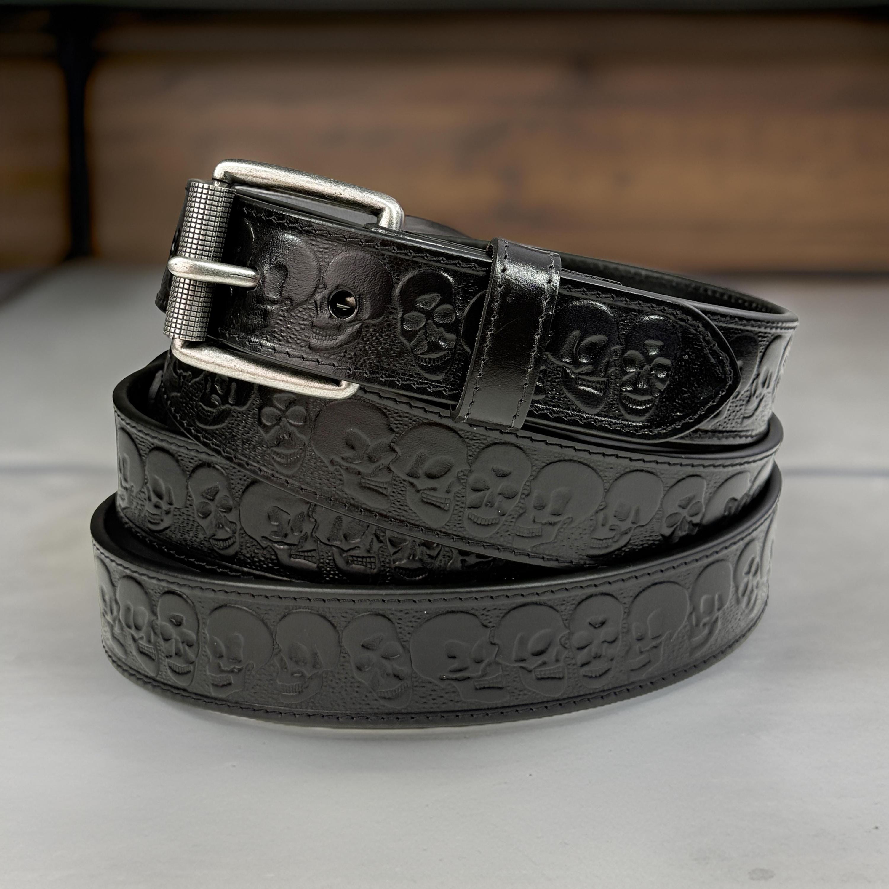 Leather Skull Belt, Biker Belt, Skull Tooled Brown Leather  display picture 1