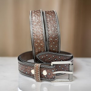 Tooled Western Engraved Leather Belt 100% Genuine Full Grain Cowhide with Snaps 1-1/2&quot; WIDE Leather Snap-On Belt