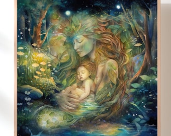 May include: A watercolor painting of a woman with flowing green hair and a child in her arms. The woman is surrounded by lush greenery and a stream of water. The painting has a mystical and ethereal feel.