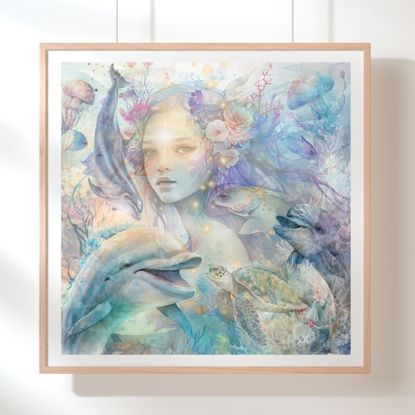 Magical Mermaid Art Print, Mermaid Wall Art, Spiritual Art, Underwater Fantasy, Whimsical Aquatic, Nautical Decor, Mythical Sea Creatures