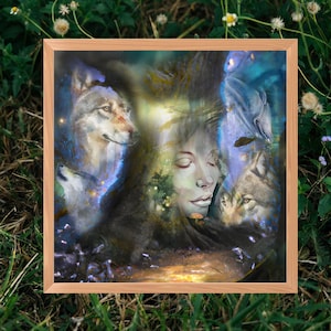 Earth Goddess Gaia Art Print, shamanic art, wolves fantasy art, divine feminine energy, spiritual wall art, psychedelic wall art, magic art
