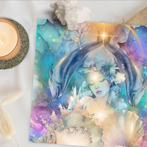 Card: Awakening Peaceful Mermaid, divine feminine altar card & goddess card, divine feminine energy, altar decor, goddess art, spiritual art