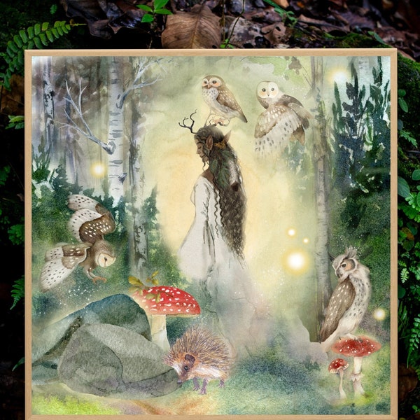 Owl Shaman: Enchanting Forest Mythical Fantasy Nature Fairycore Print, Fantasy Fairy Tale Art, Mystical Prints, Mystical Shamanic Decor