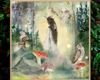 Owl Shaman: Enchanting Forest Mythical Fantasy Nature Fairycore Print, Fantasy Fairy Tale Art, Mystical Prints, Mystical Shamanic Decor