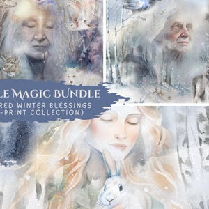 May include: A digital art print bundle titled "Yule Magic Bundle" featuring three winter-themed illustrations. The artwork includes images of an elderly woman, a young woman with a rabbit, and various forest animals in a snowy landscape.