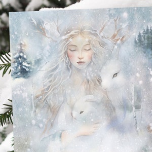 Carte : Magic Winter Dream, Magic Yule Art Print, art païen, art chamanique, art féminin divin, décor d’autel féminin divin, carte de déesse