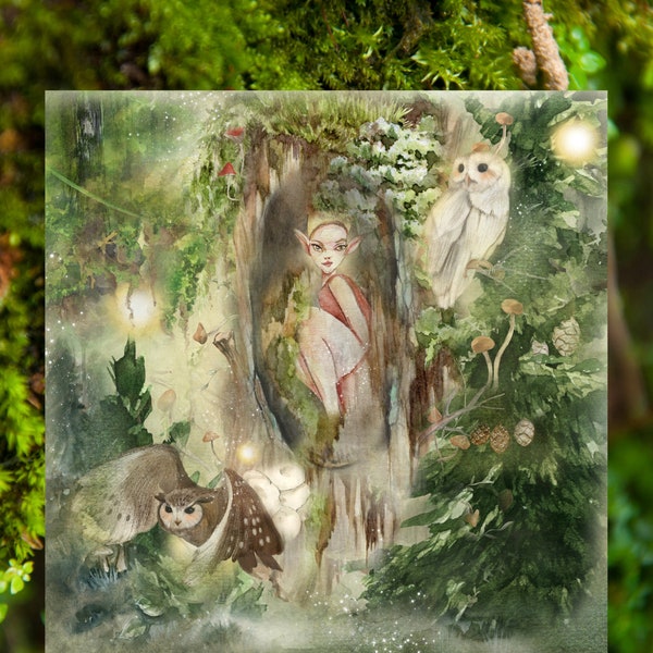 Card: Enchanting Forest Fairy Art Watercolor Altar Card, Whimsical Woodland, Fantasy Fairy Tale Art, Mythical Fantasy Nature Fairycore Print